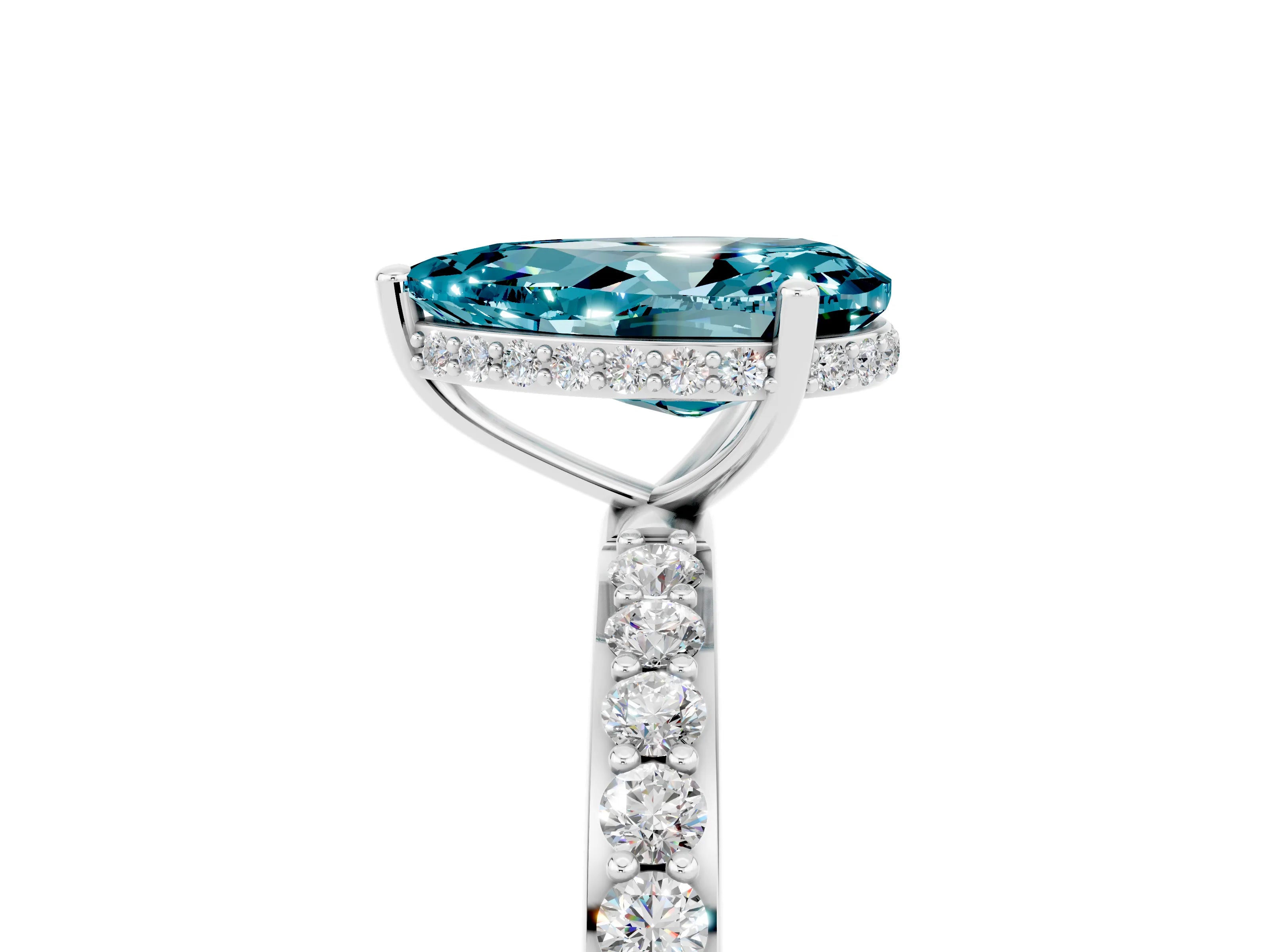 White gold Pear Cut Blue Topaz Solitaire Ring with Pavé Band and Hidden Halo_5