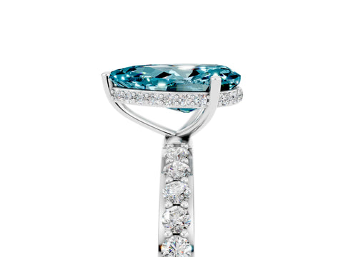 White gold Pear Cut Blue Topaz Solitaire Ring with Pavé Band and Hidden Halo_5