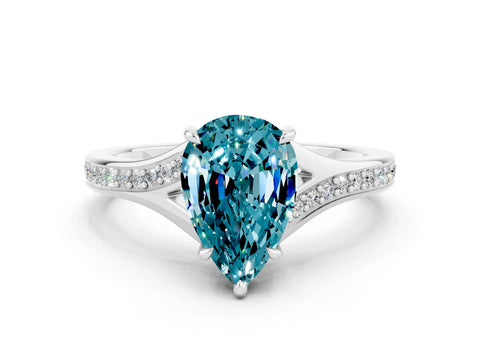White gold Pear Cut Blue Topaz Solitaire Ring with Pavé Band and Prong Setting_12