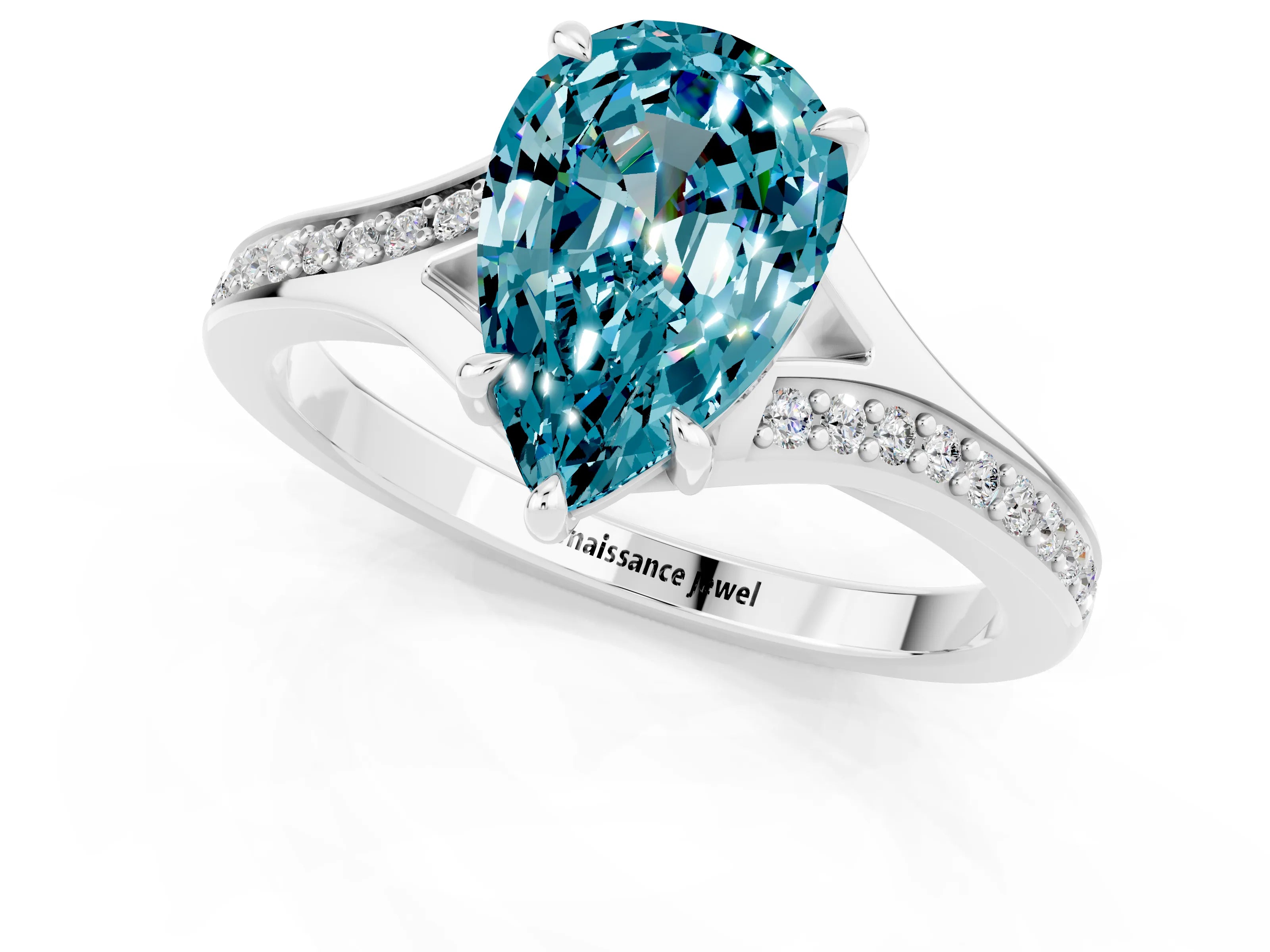 White gold Pear Cut Blue Topaz Solitaire Ring with Pavé Band and Prong Setting_13