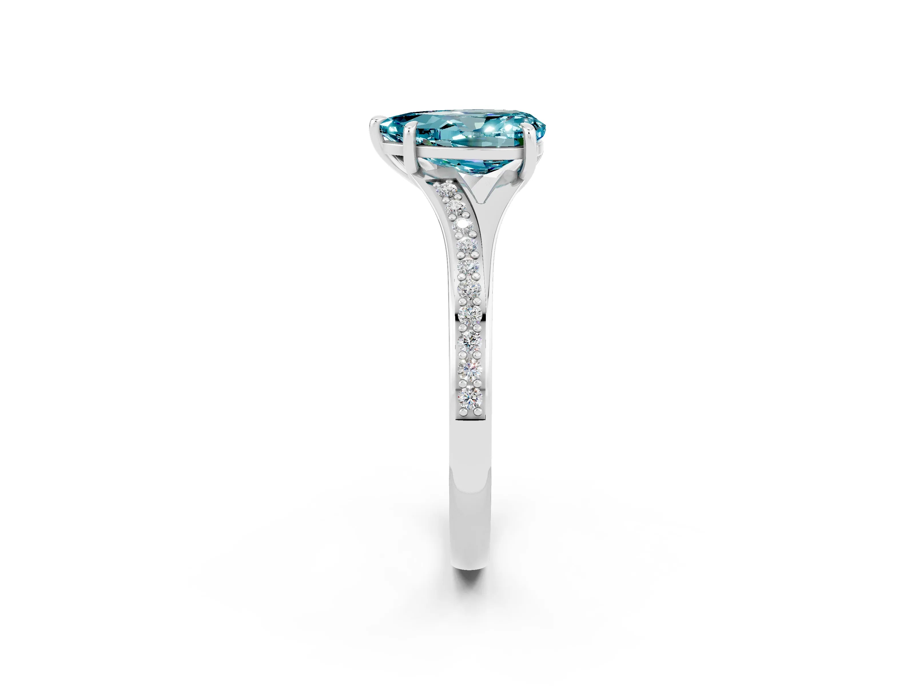 White gold Pear Cut Blue Topaz Solitaire Ring with Pavé Band and Prong Setting_14