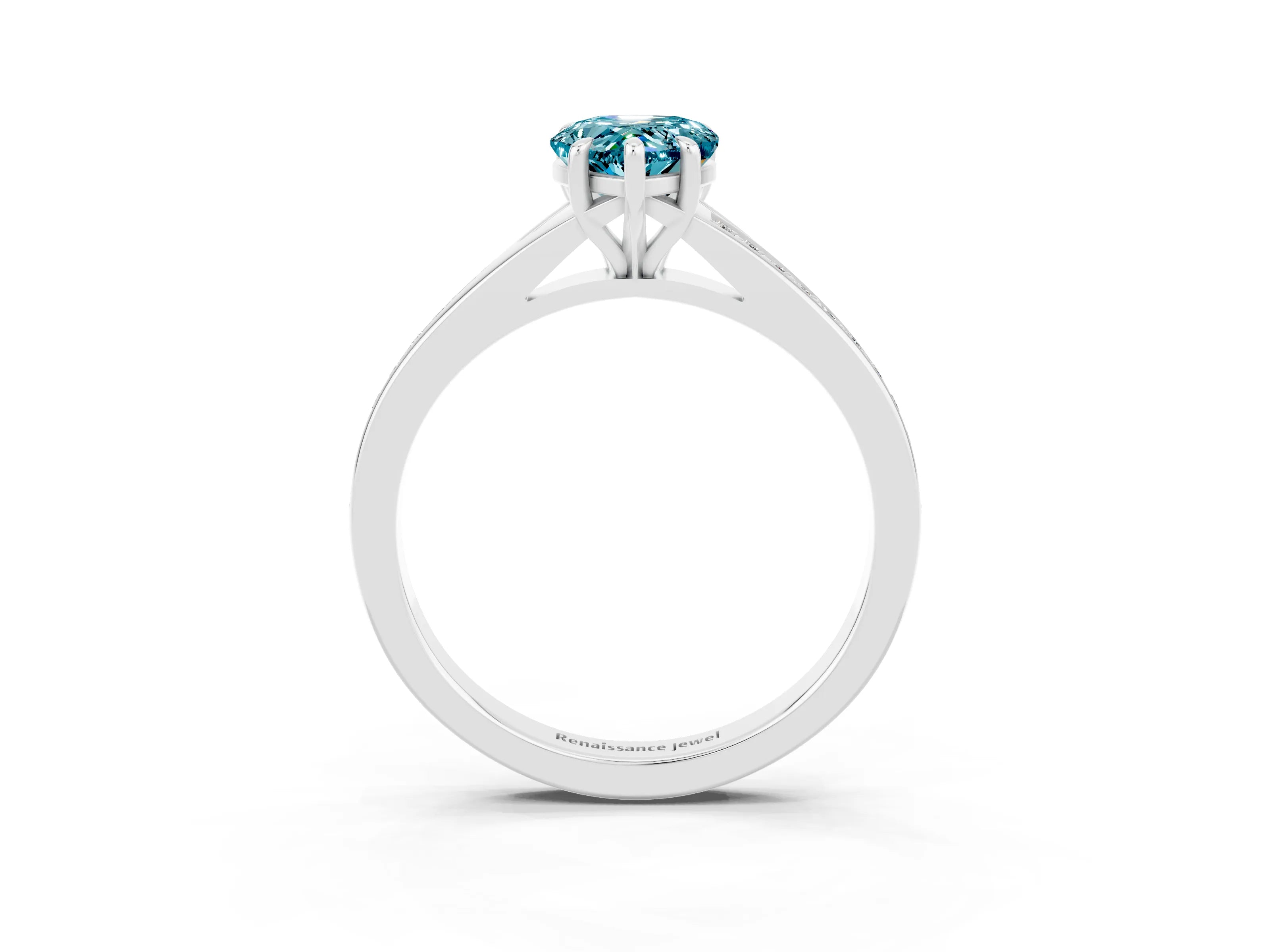 White gold Pear Cut Blue Topaz Solitaire Ring with Pavé Band and Prong Setting_15