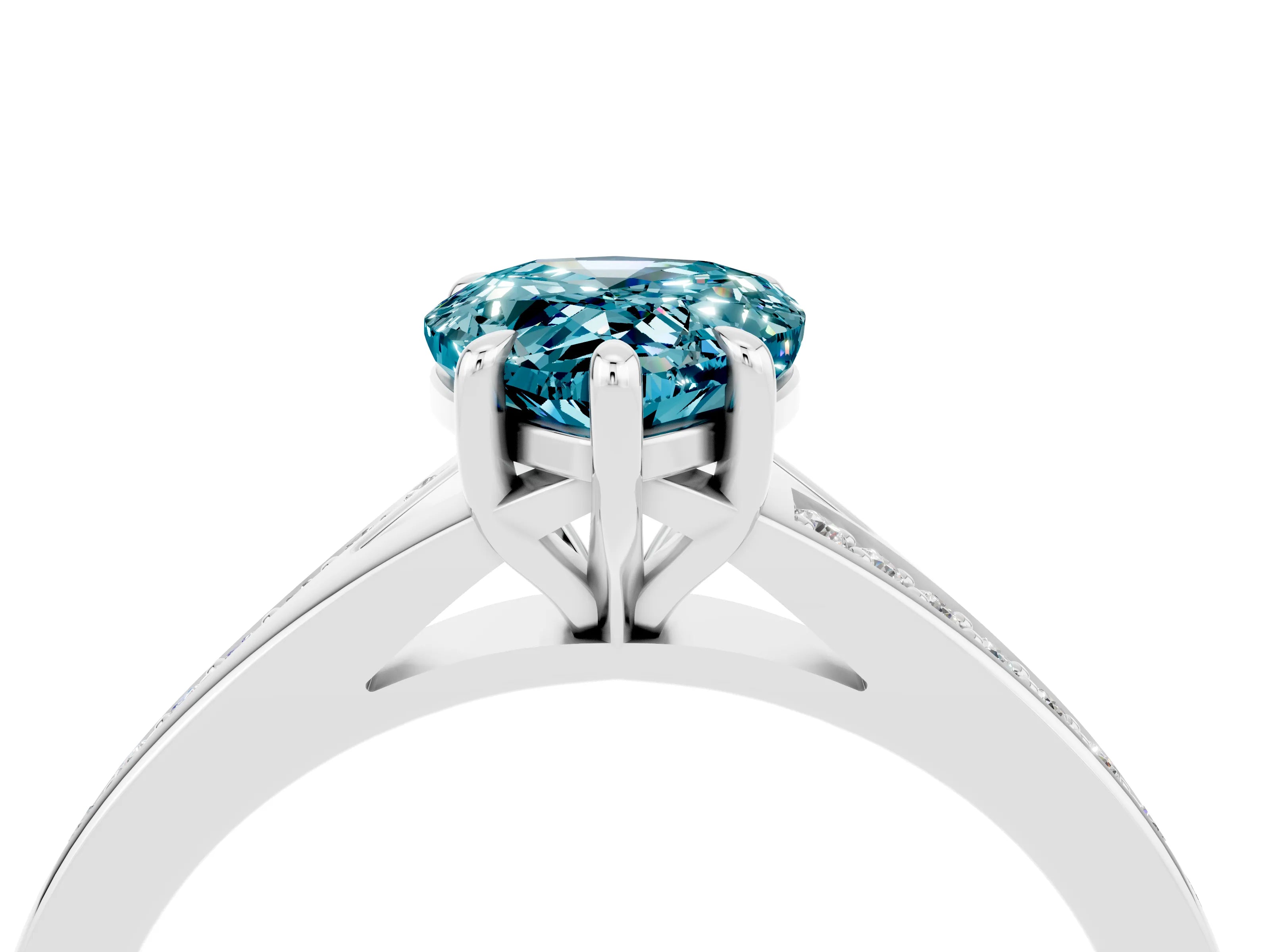 White gold Pear Cut Blue Topaz Solitaire Ring with Pavé Band and Prong Setting_16