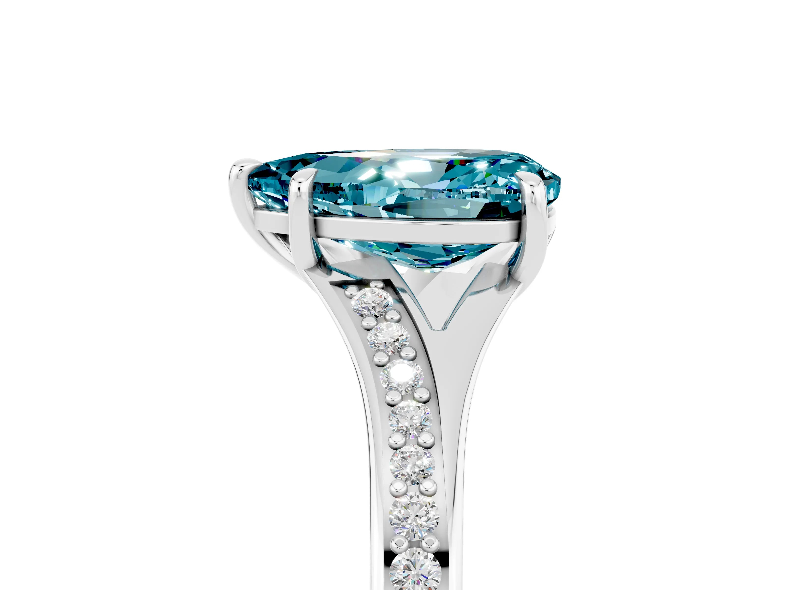 White gold Pear Cut Blue Topaz Solitaire Ring with Pavé Band and Prong Setting_17