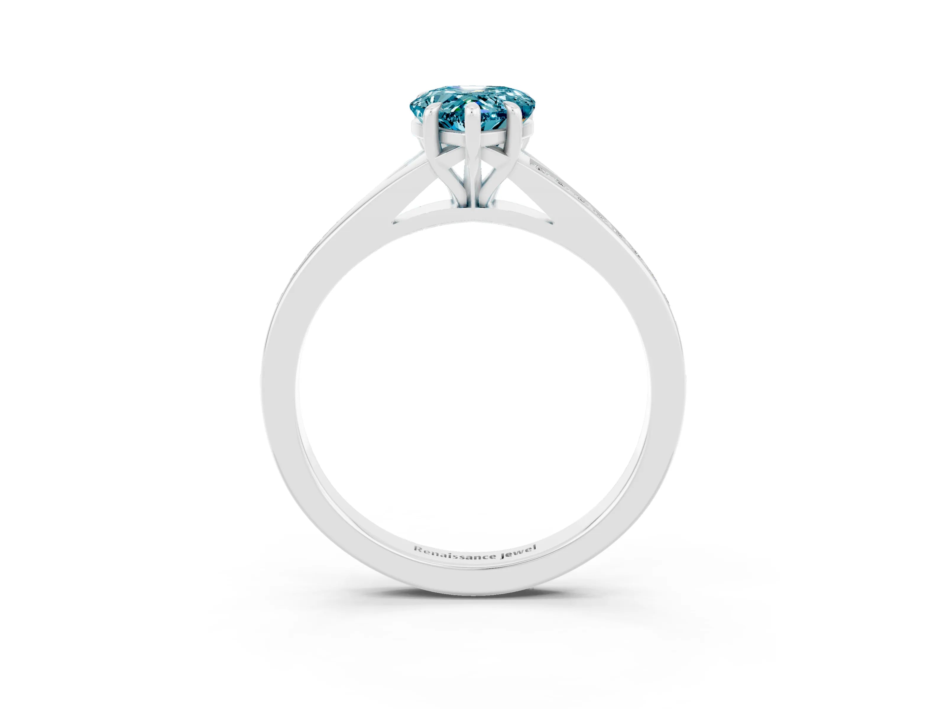 White gold Pear Cut Blue Topaz Solitaire Ring with Pavé Band and Prong Setting_3