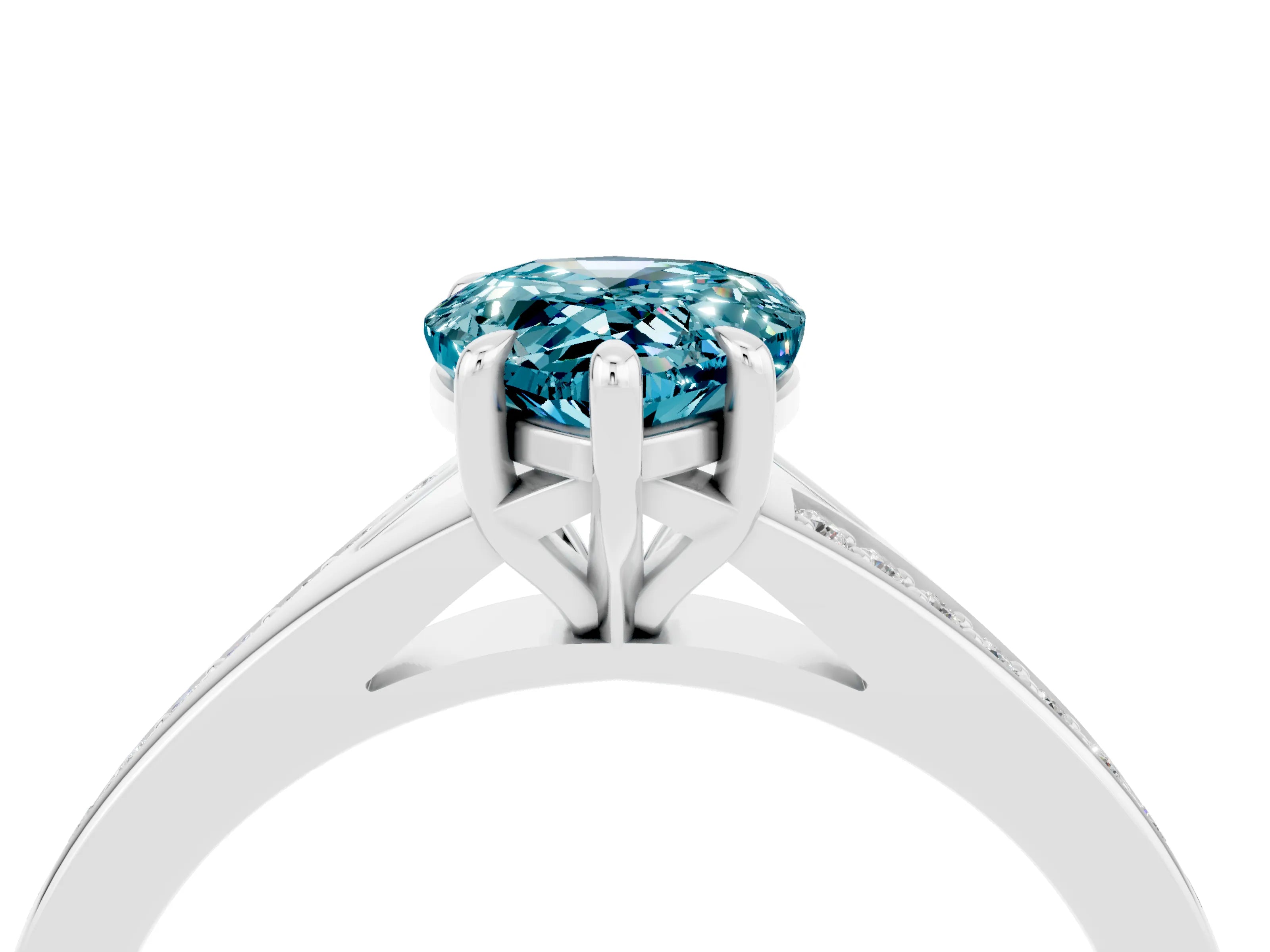 White gold Pear Cut Blue Topaz Solitaire Ring with Pavé Band and Prong Setting_4