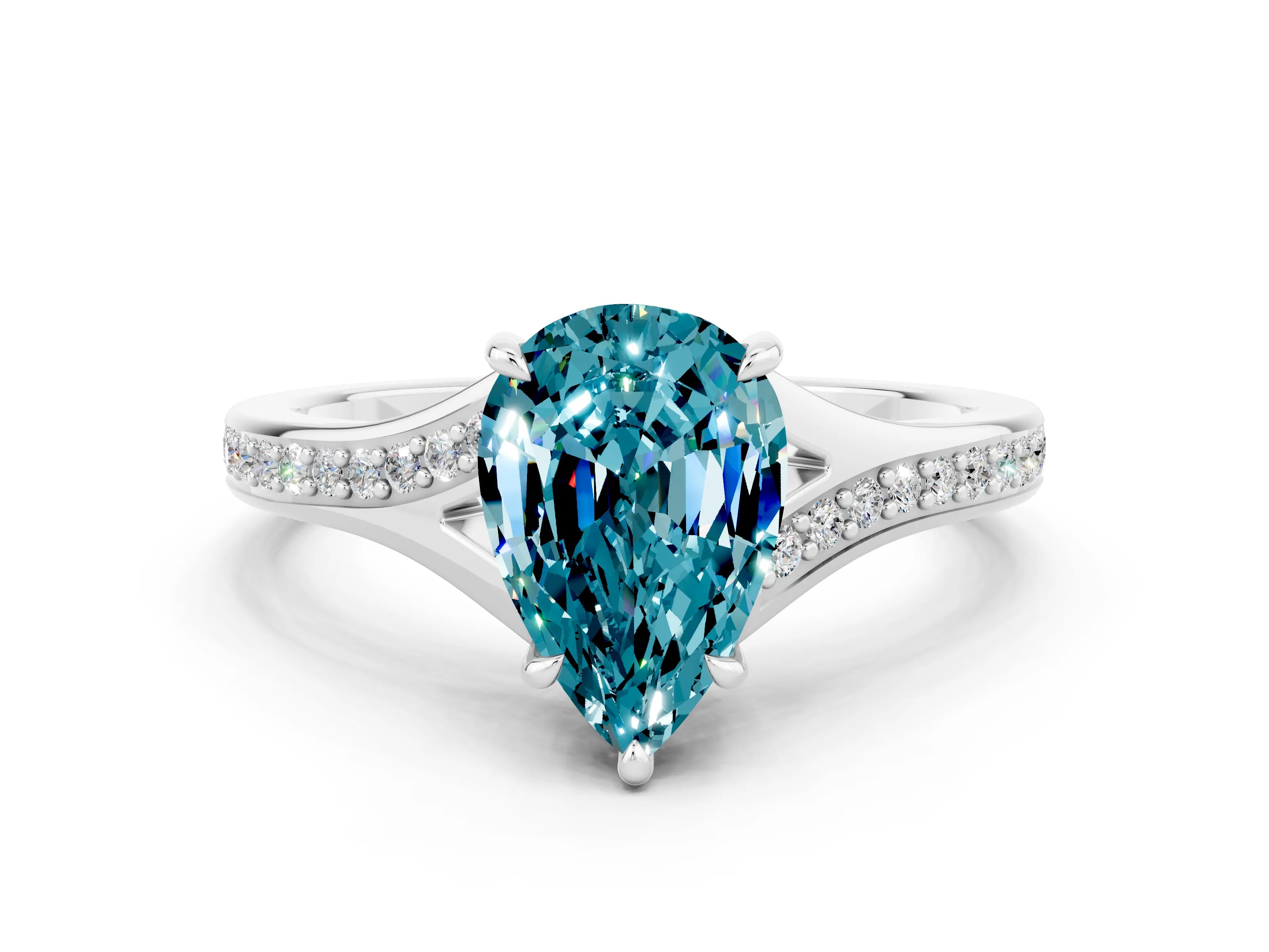 White gold Pear Cut Blue Topaz Solitaire Ring with Pavé Band and Prong Setting