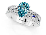 White gold Pear Cut Blue Topaz Solitaire Ring with Pavé and Channel Set Band_1