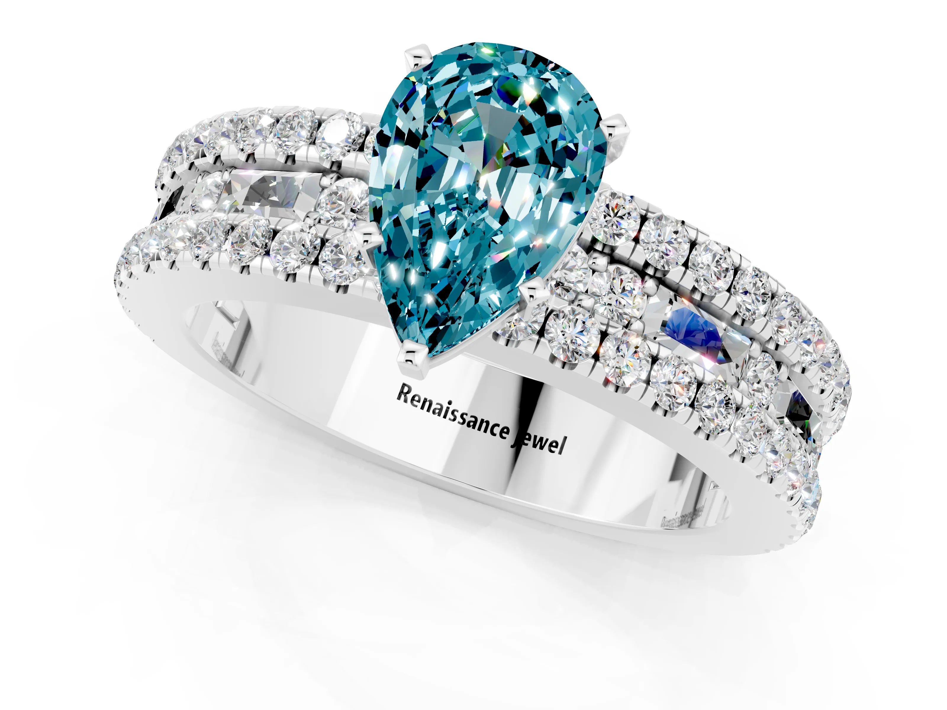 White gold Pear Cut Blue Topaz Solitaire Ring with Pavé and Channel Set Band_1