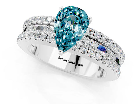 White gold Pear Cut Blue Topaz Solitaire Ring with Pavé and Channel Set Band_1