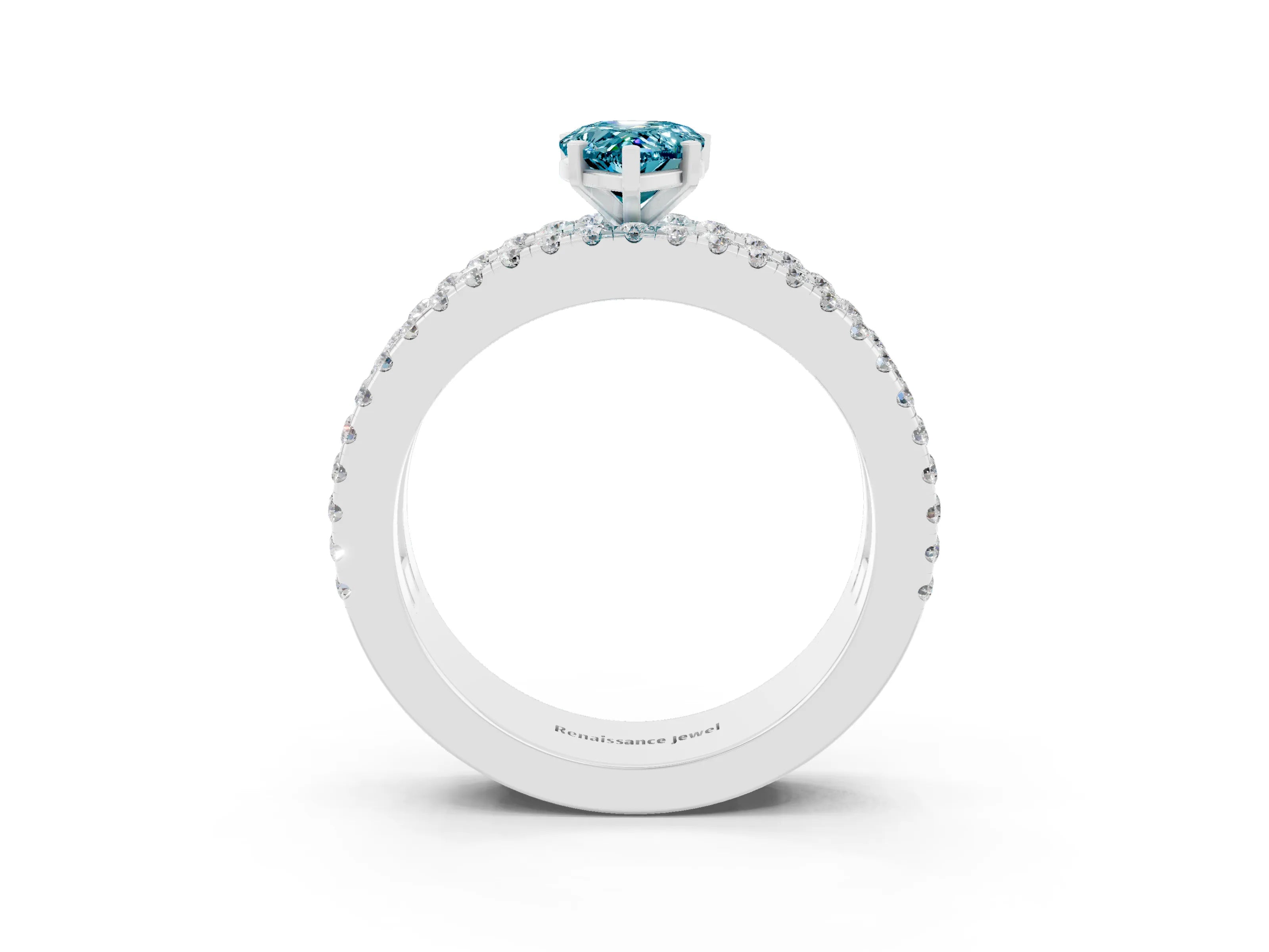 White gold Pear Cut Blue Topaz Solitaire Ring with Pavé and Channel Set Band_3