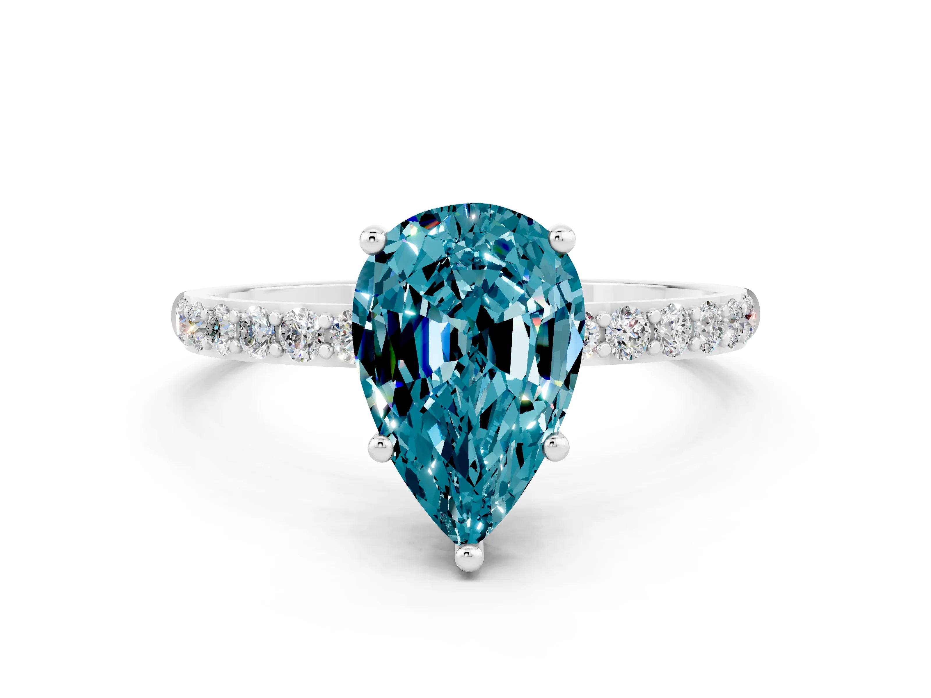 White gold Pear Cut Blue Topaz Solitaire Ring with Pave Band and Four Prong Setting_24