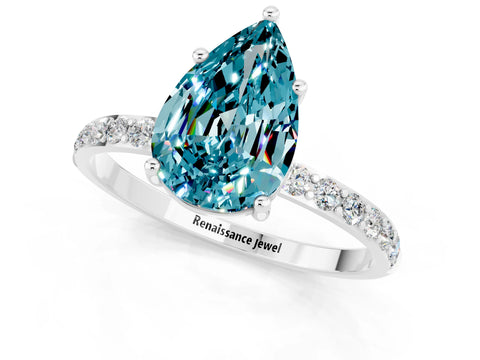 White gold Pear Cut Blue Topaz Solitaire Ring with Pave Band and Four Prong Setting_37