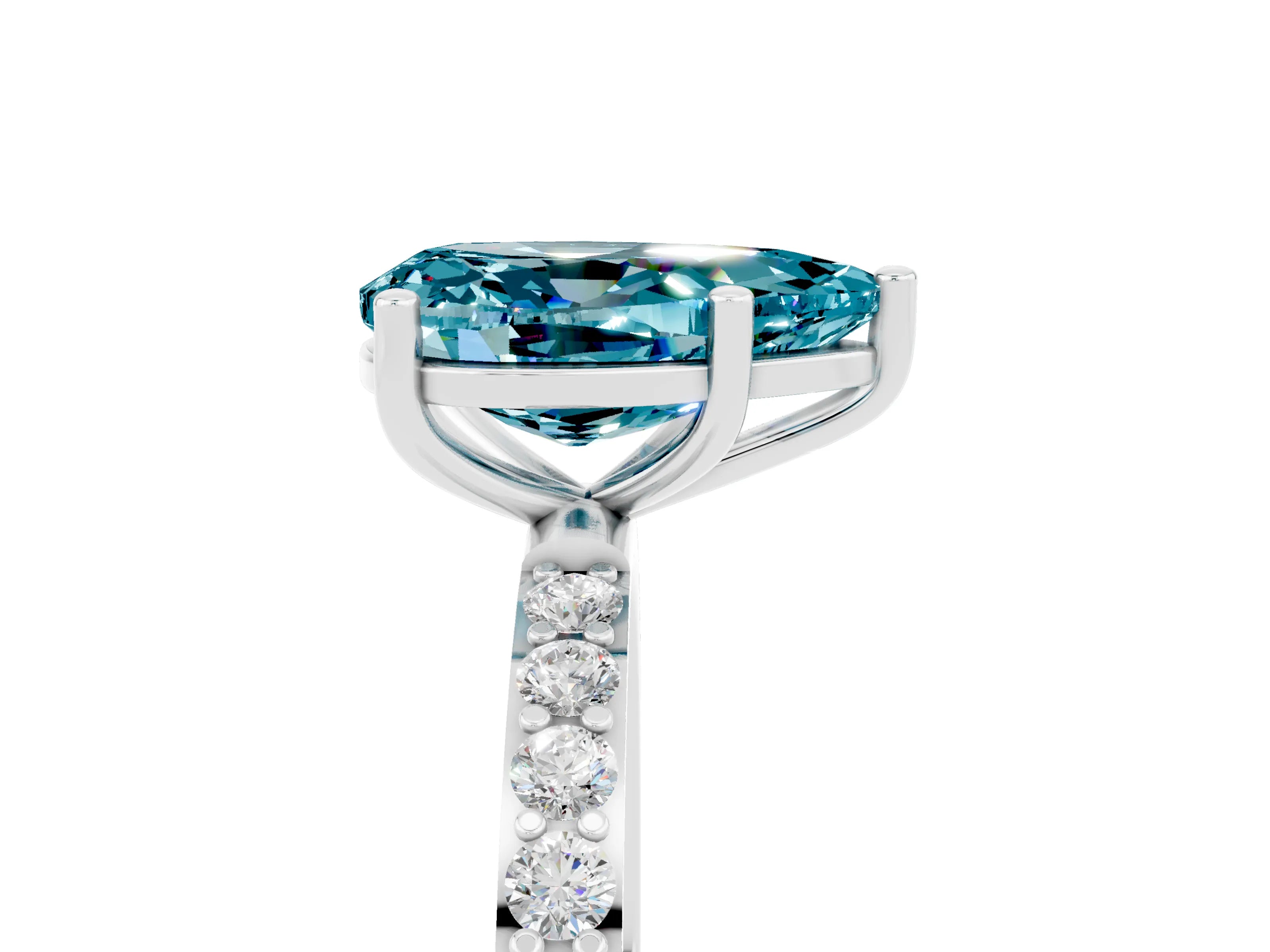 White gold Pear Cut Blue Topaz Solitaire Ring with Pave Band and Four Prong Setting_41