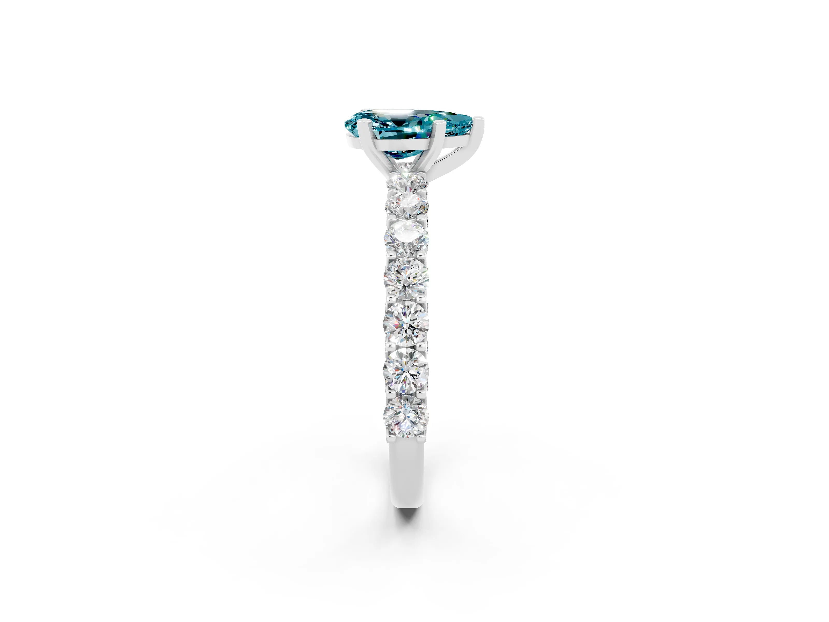 White gold Pear Cut Blue Topaz Solitaire Ring with Shared Prong Pavé Band and Four-Prong Setting_2
