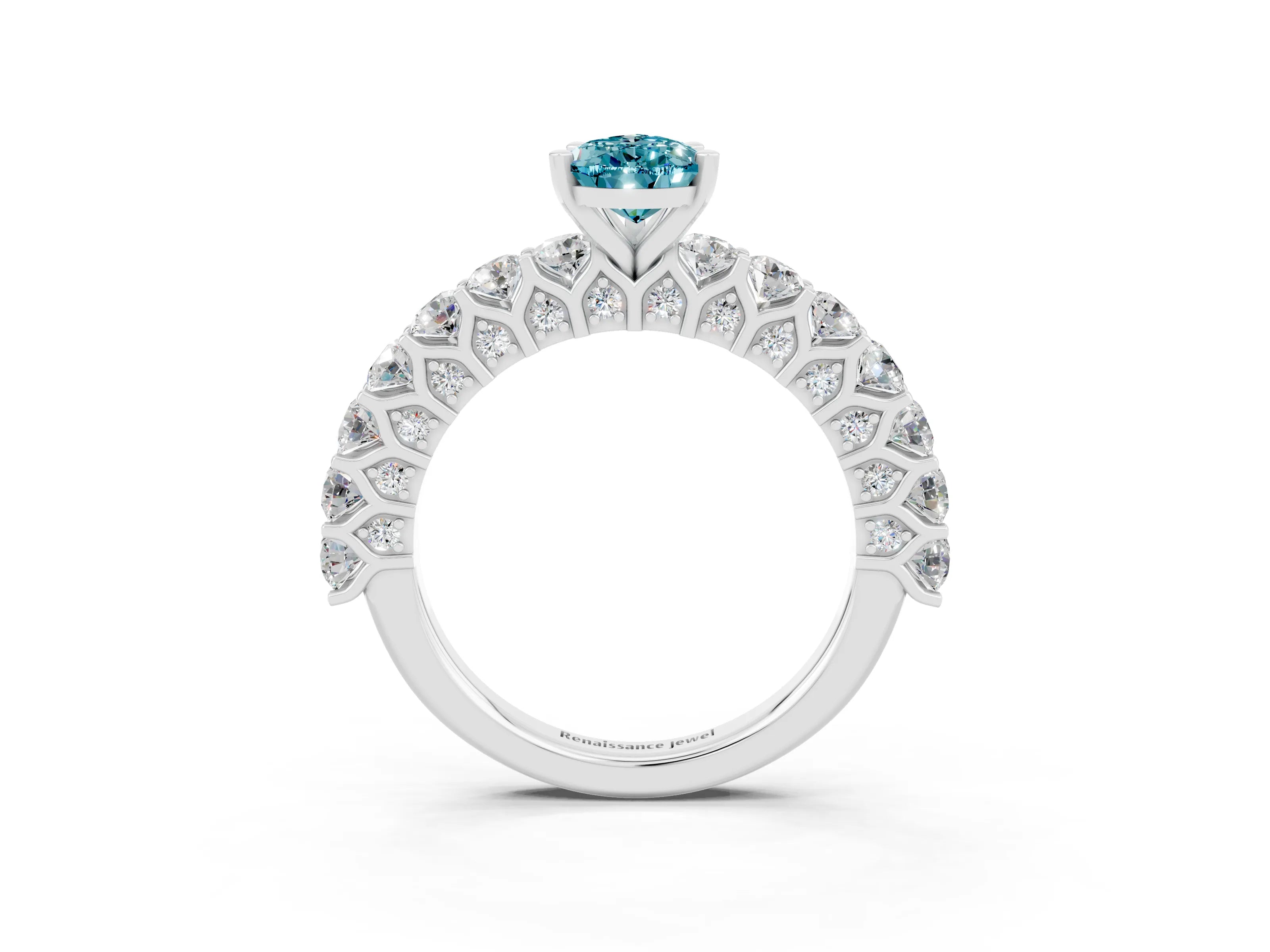 White gold Pear Cut Blue Topaz Solitaire Ring with Shared Prong Pavé Band and Four-Prong Setting_3