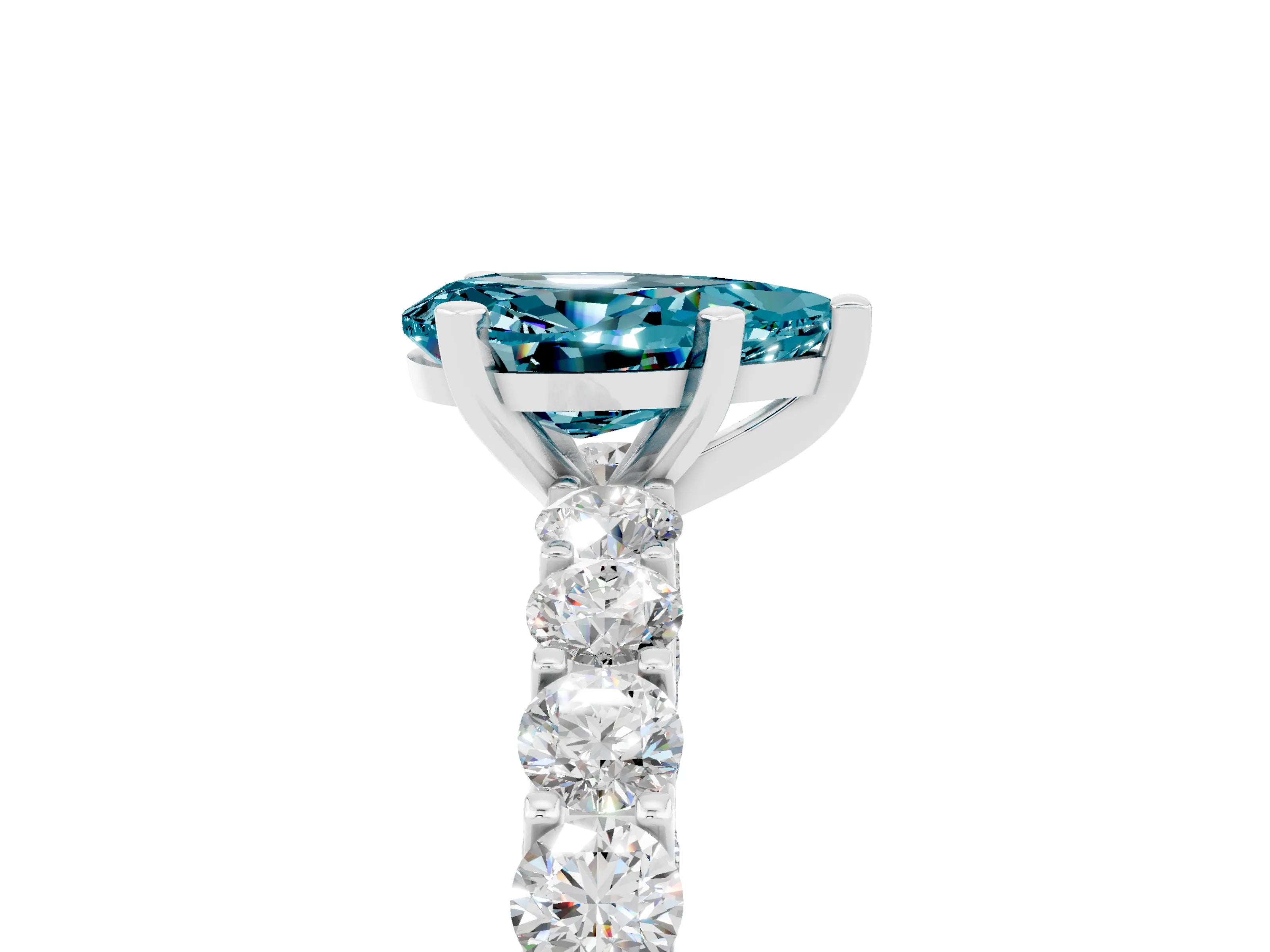 White gold Pear Cut Blue Topaz Solitaire Ring with Shared Prong Pavé Band and Four-Prong Setting_5