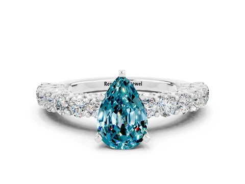 White gold Pear Cut Blue Topaz Solitaire Ring with Shared Prong Pavé Band and Four-Prong Setting