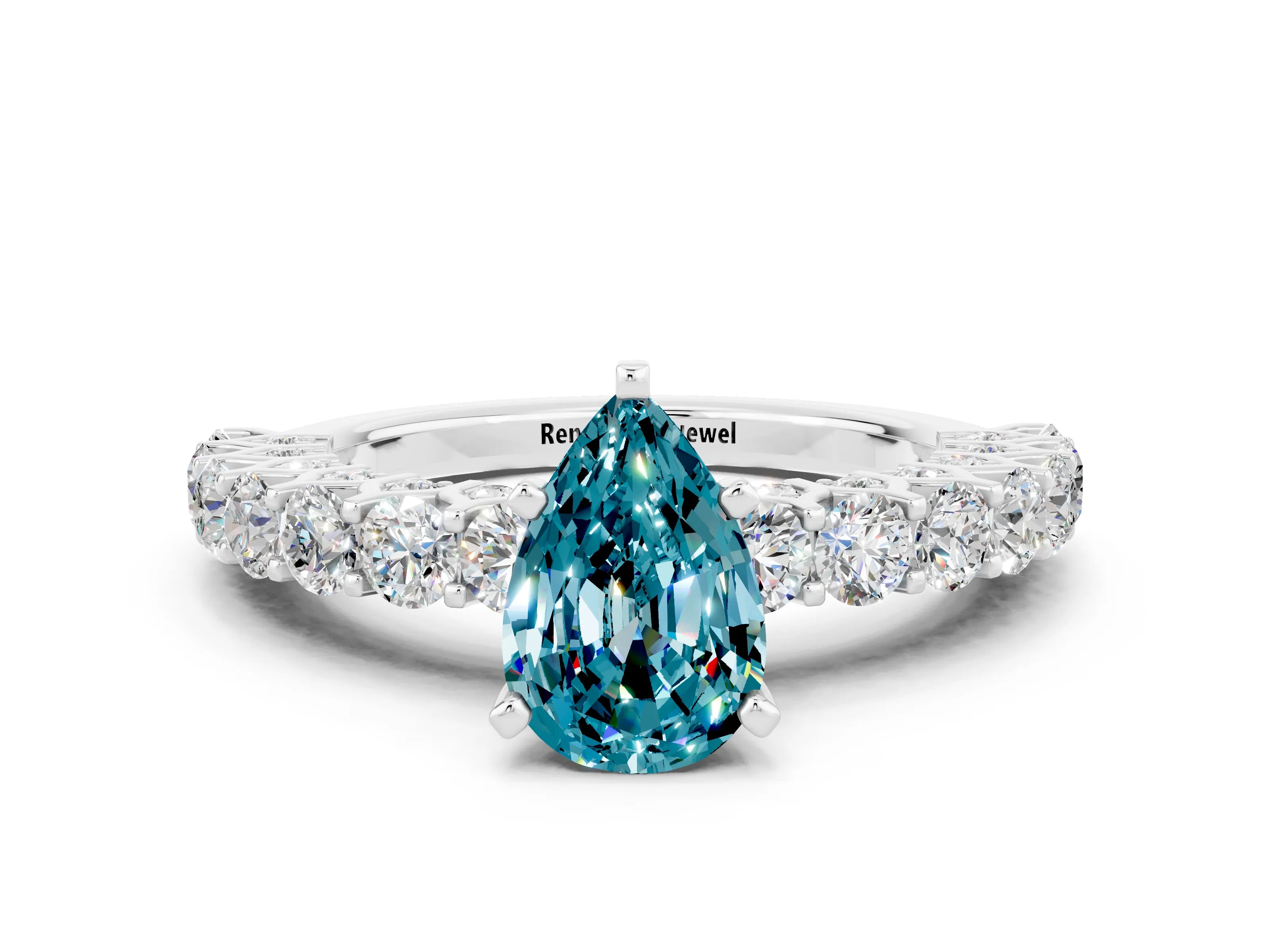 White gold Pear Cut Blue Topaz Solitaire Ring with Shared Prong Pavé Band and Four-Prong Setting