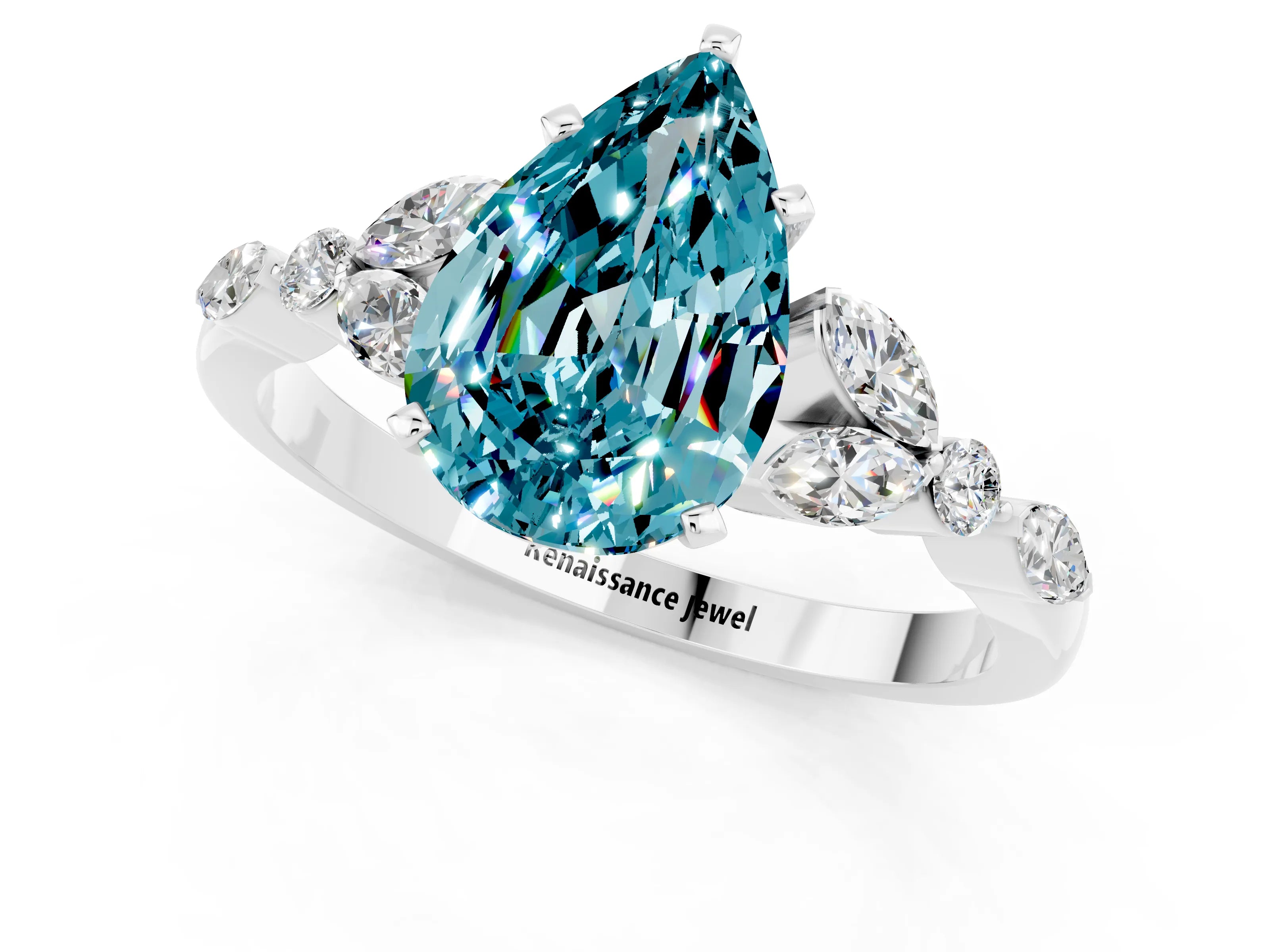 White gold Pear Cut Blue Topaz Solitaire Ring with Side Stones and Four-Prong Setting_49