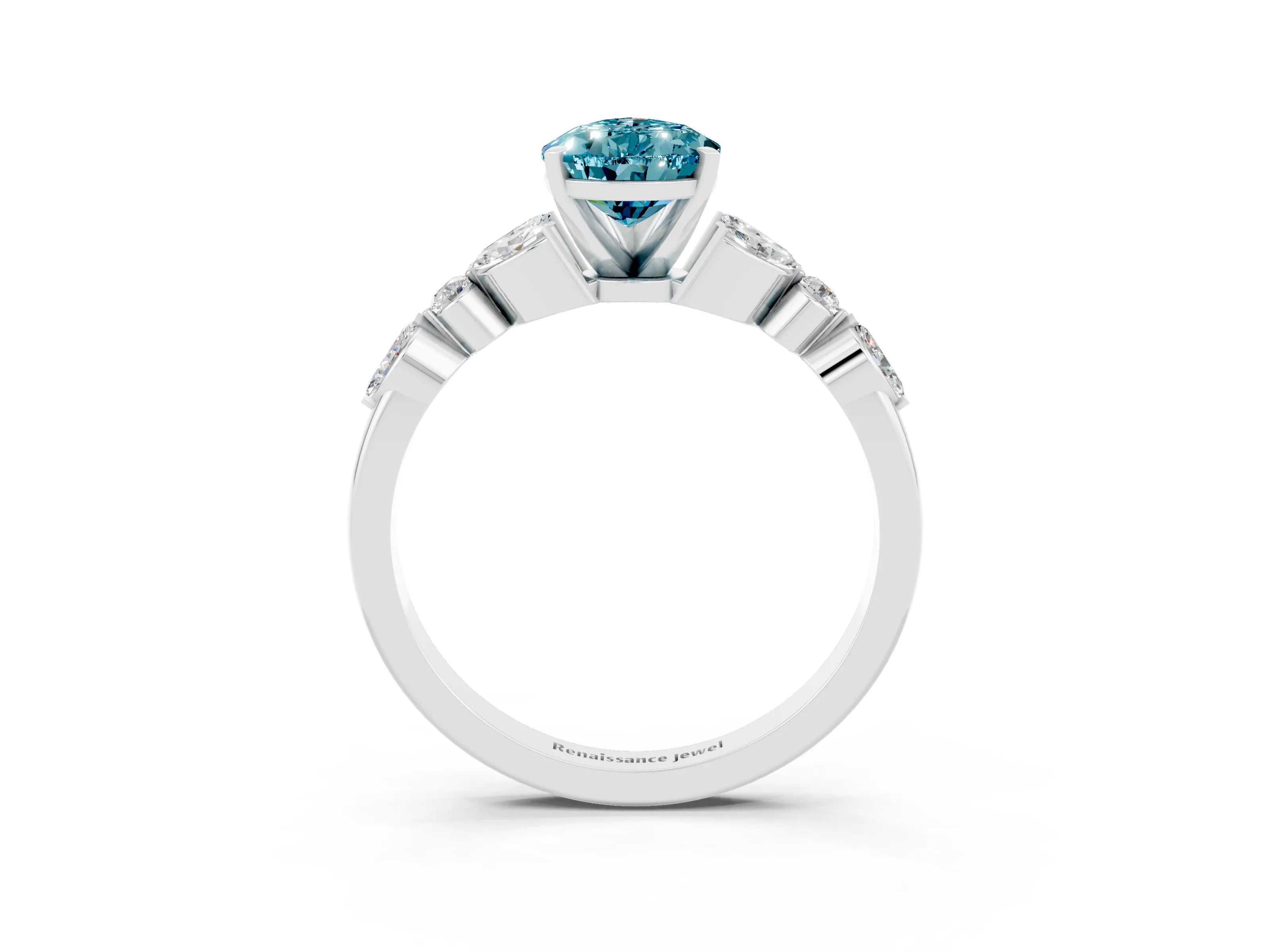 White gold Pear Cut Blue Topaz Solitaire Ring with Side Stones and Four-Prong Setting_51