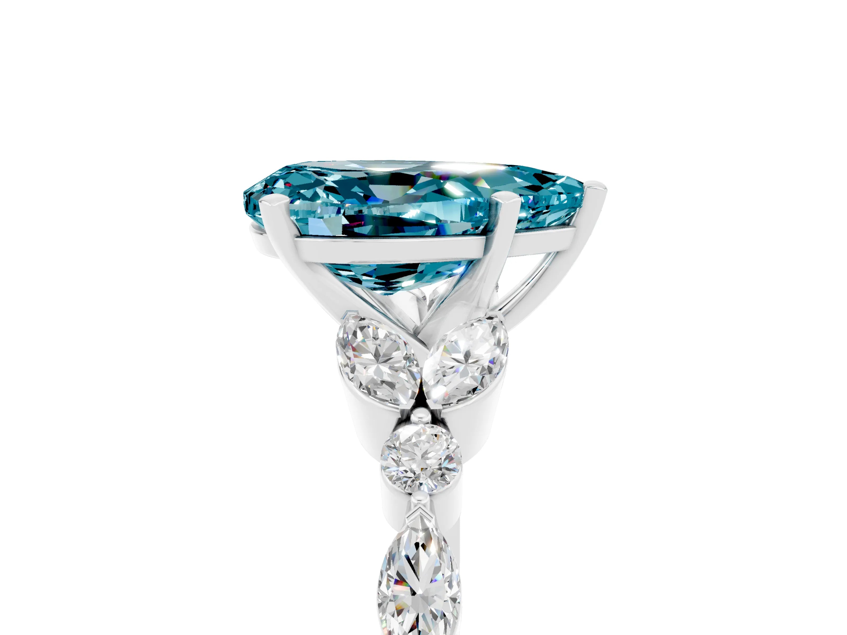 White gold Pear Cut Blue Topaz Solitaire Ring with Side Stones and Four-Prong Setting_53