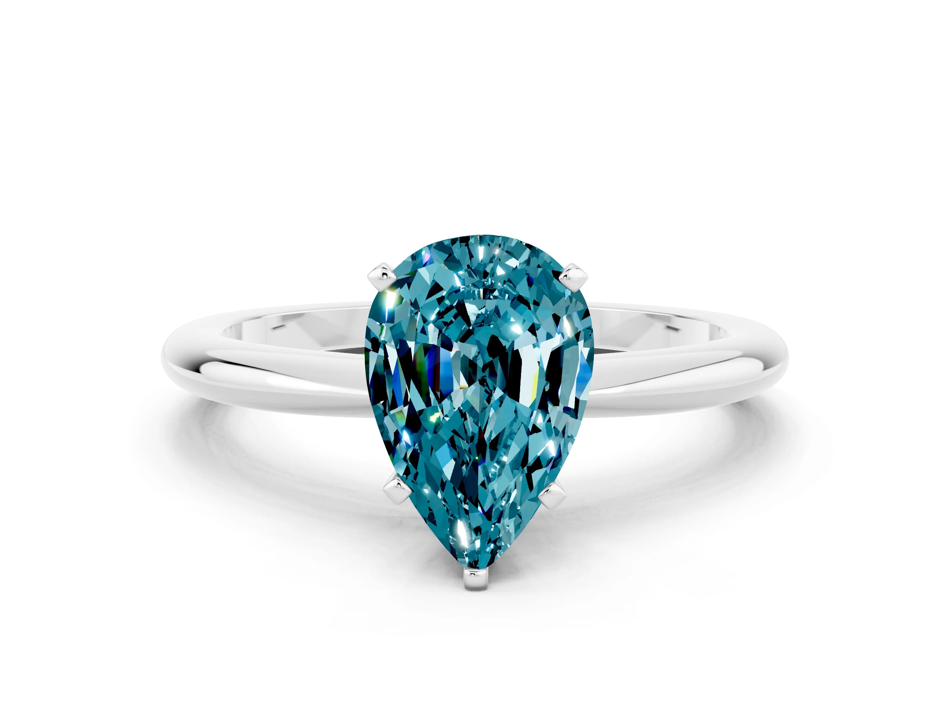 White gold Pear Cut Blue Topaz Solitaire Ring with Six-Prong Setting and Classic Band