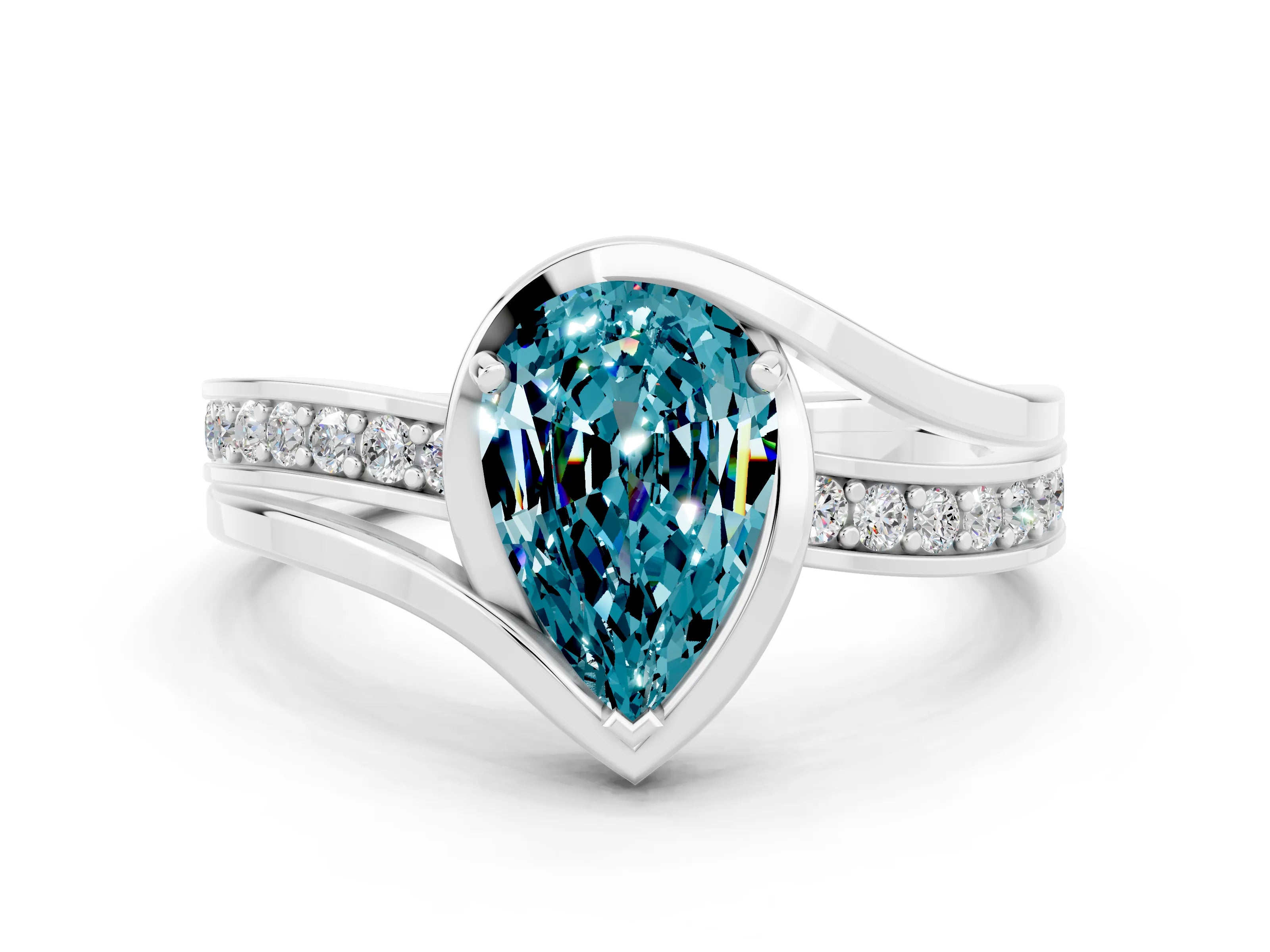 White gold Pear Cut Blue Topaz Solitaire Ring with Split Shank and Prong Setting