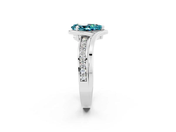 Silver Pear Cut Blue Topaz Solitaire Ring with Split Shank and Prong Setting