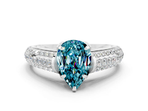 White gold Pear Cut Blue Topaz Solitaire Ring with Three-Row Pavé Band and Four-Prong Setting_12