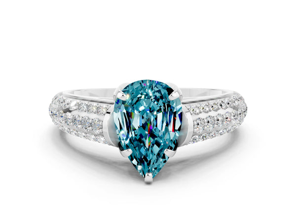 White gold Pear Cut Blue Topaz Solitaire Ring with Three-Row Pavé Band and Four-Prong Setting