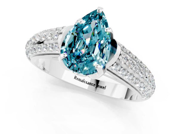 Silver Pear Cut Blue Topaz Solitaire Ring with Three-Row Pavé Band and Four-Prong Setting