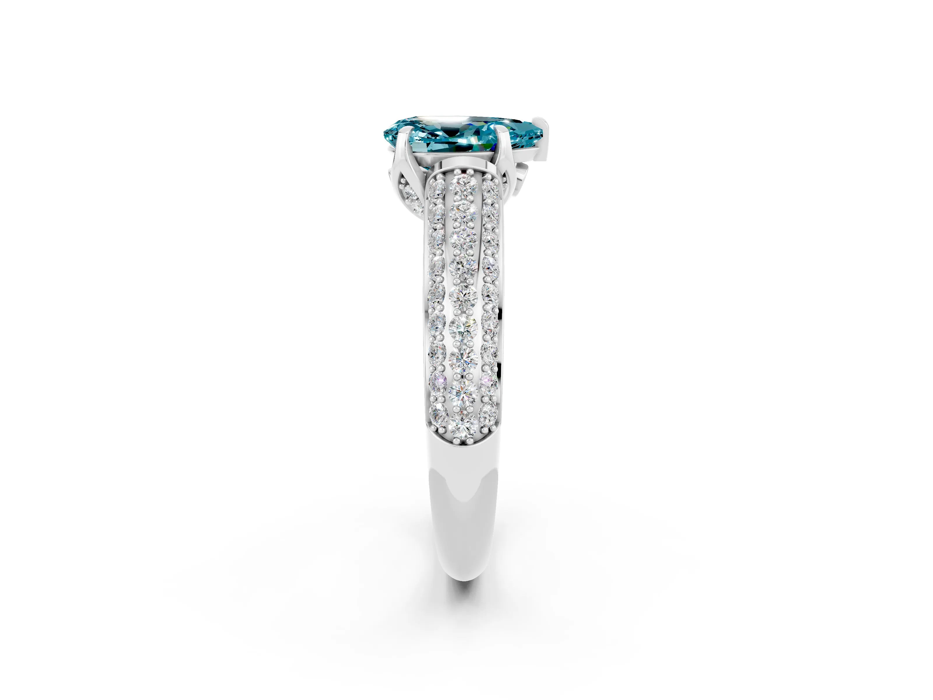 White gold Pear Cut Blue Topaz Solitaire Ring with Three-Row Pavé Band and Four-Prong Setting_14