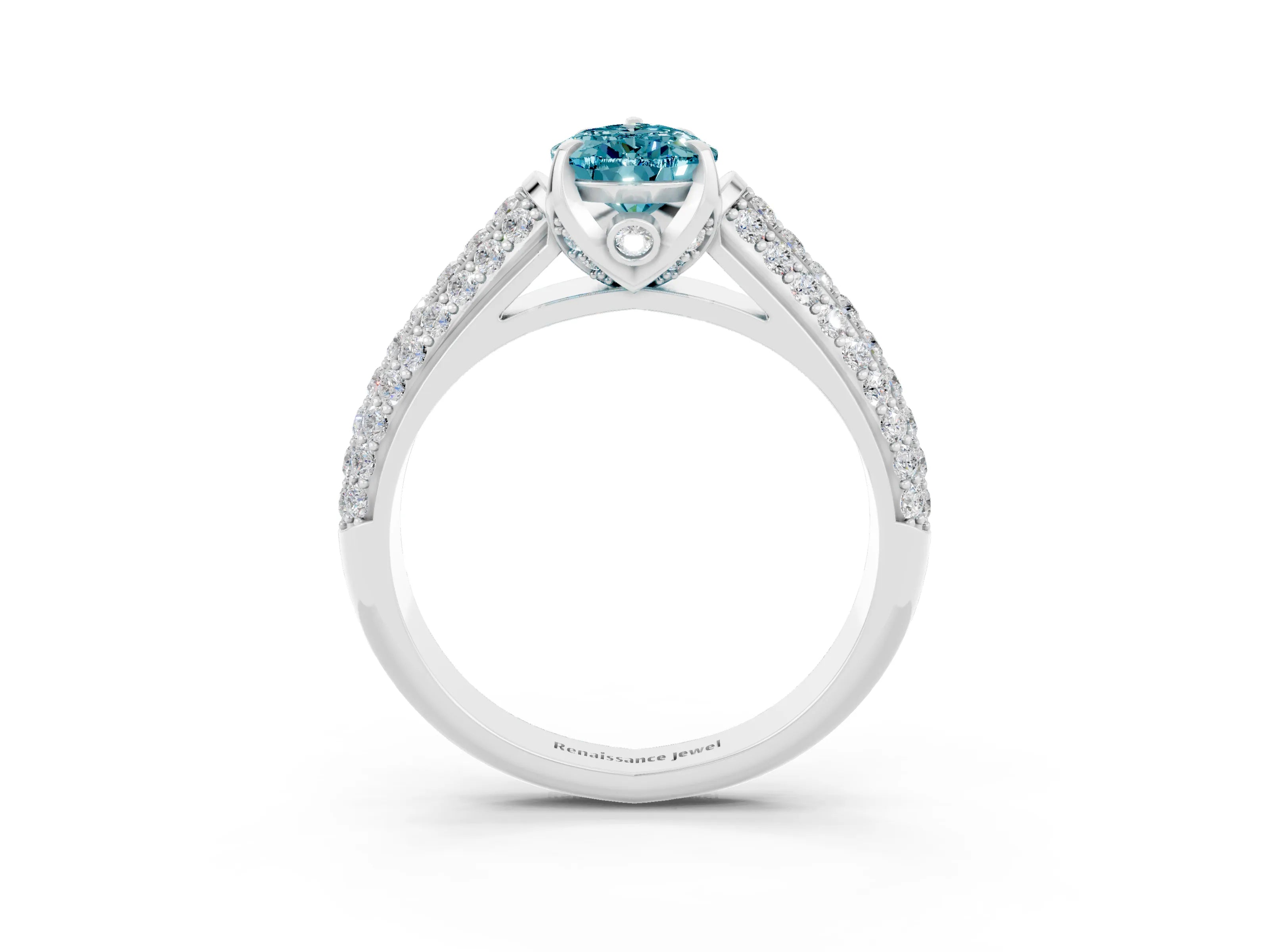 White gold Pear Cut Blue Topaz Solitaire Ring with Three-Row Pavé Band and Four-Prong Setting_15