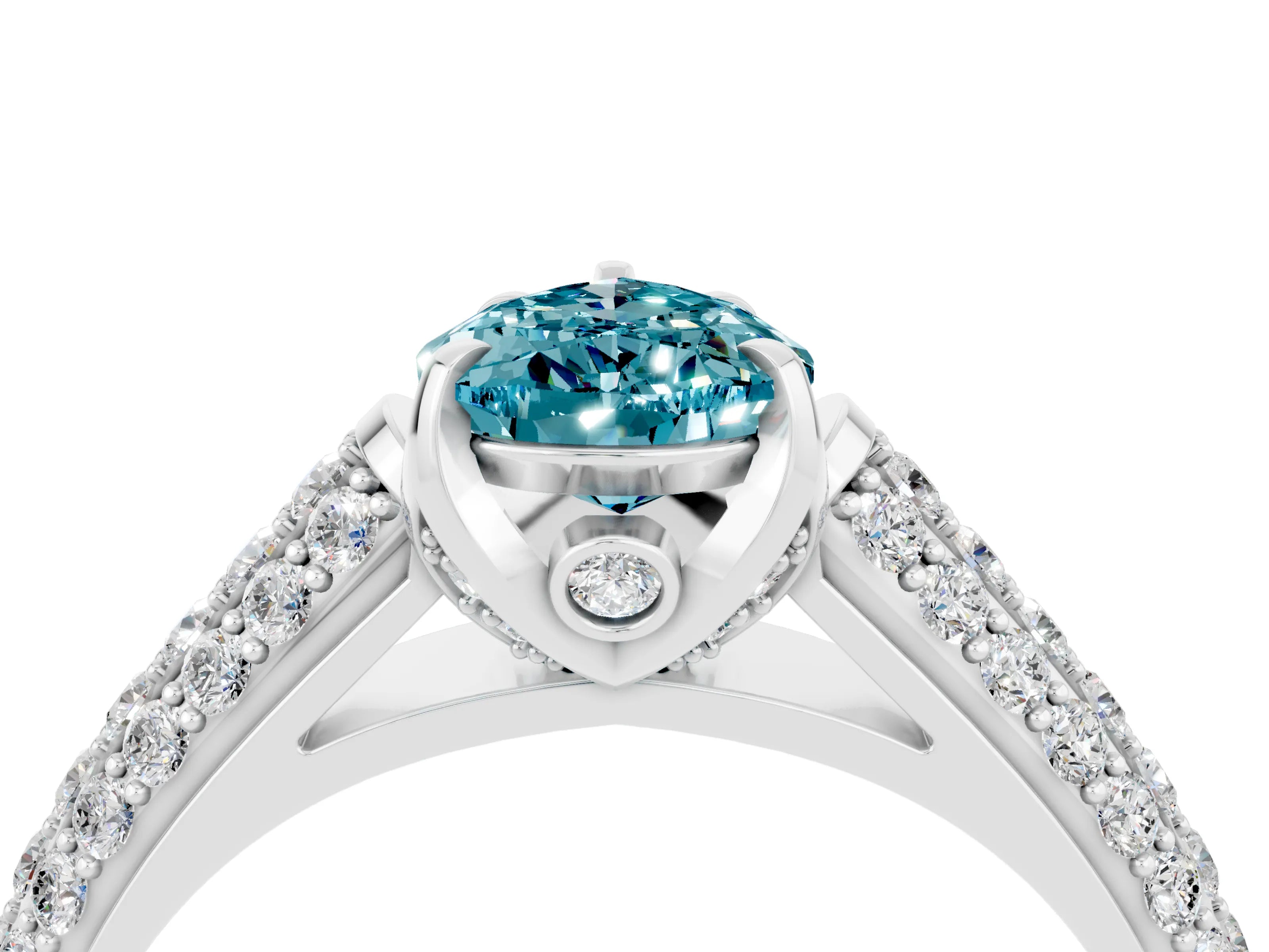 White gold Pear Cut Blue Topaz Solitaire Ring with Three-Row Pavé Band and Four-Prong Setting_16