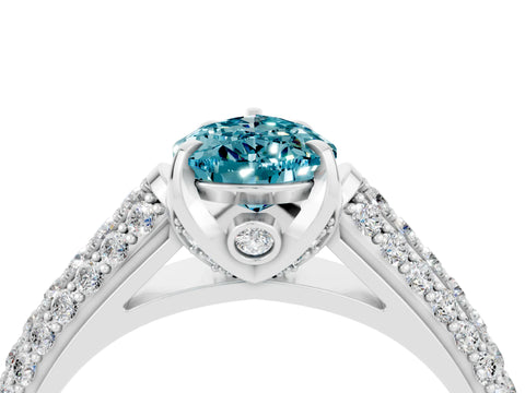 White gold Pear Cut Blue Topaz Solitaire Ring with Three-Row Pavé Band and Four-Prong Setting_16