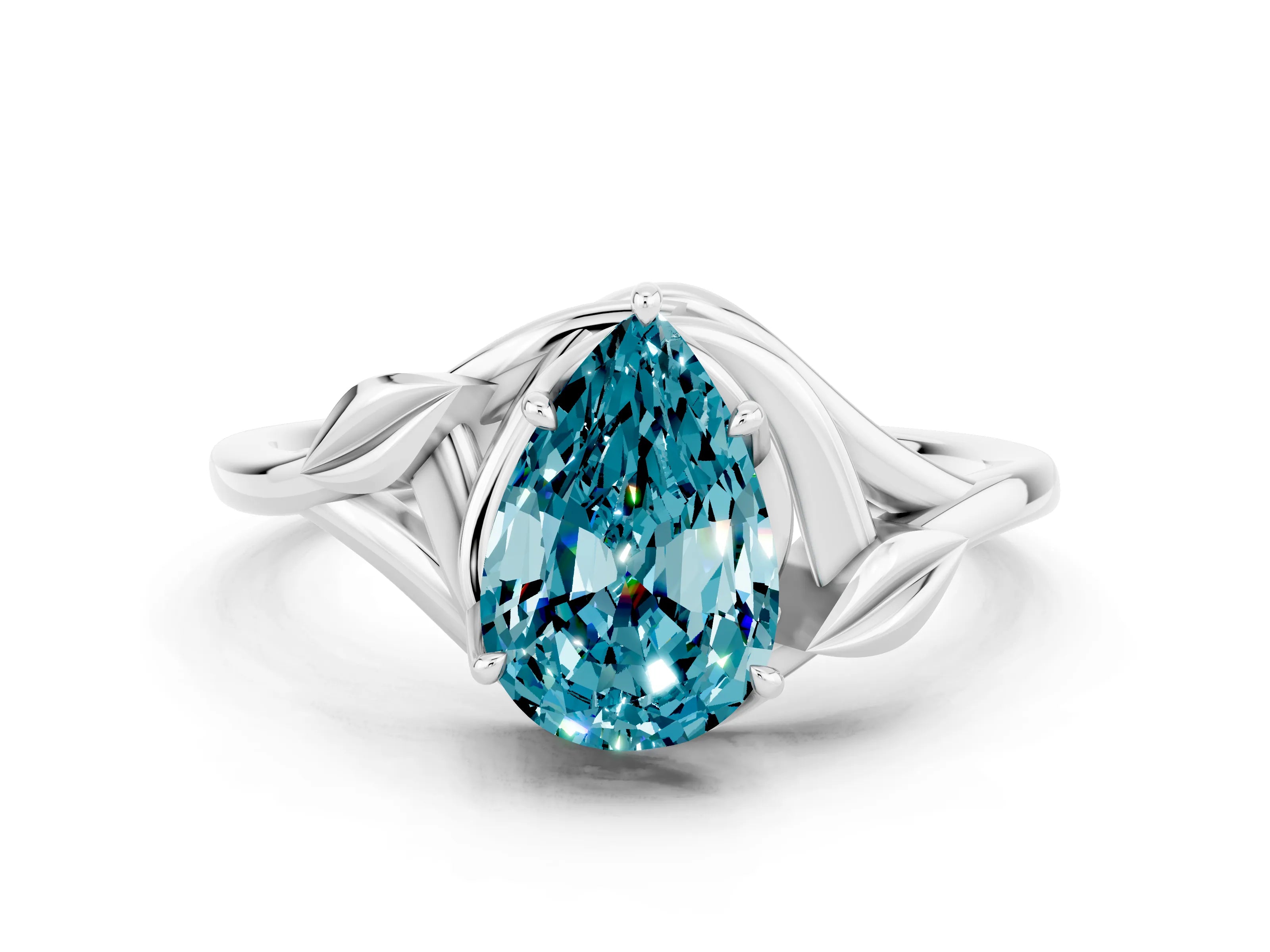 White gold Pear Cut Blue Topaz Solitaire Ring with Twist Band and Four-Prong Setting_12