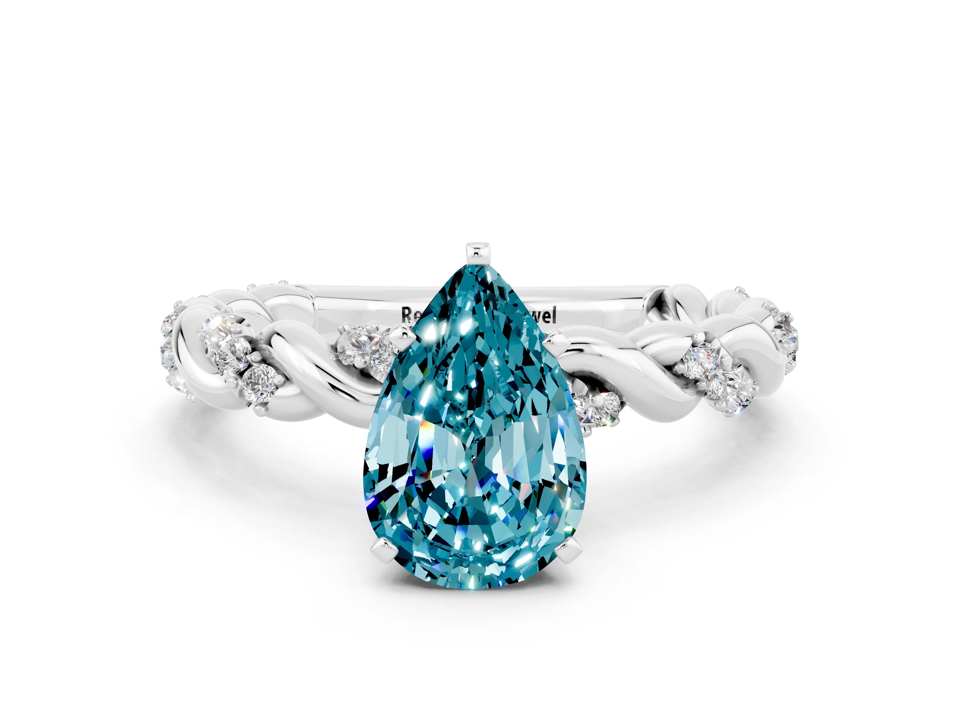 White gold Pear Cut Blue Topaz Solitaire Ring with Twisted Band and Pavé Accents