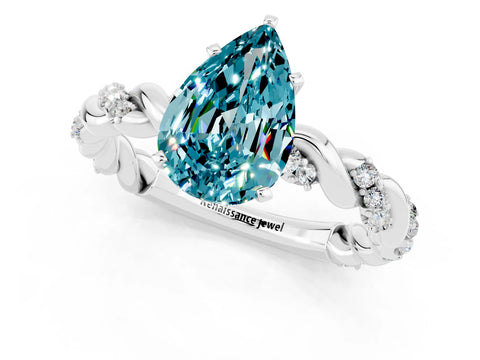 White gold Pear Cut Blue Topaz Solitaire Ring with Twisted Band and Pavé Accents_1