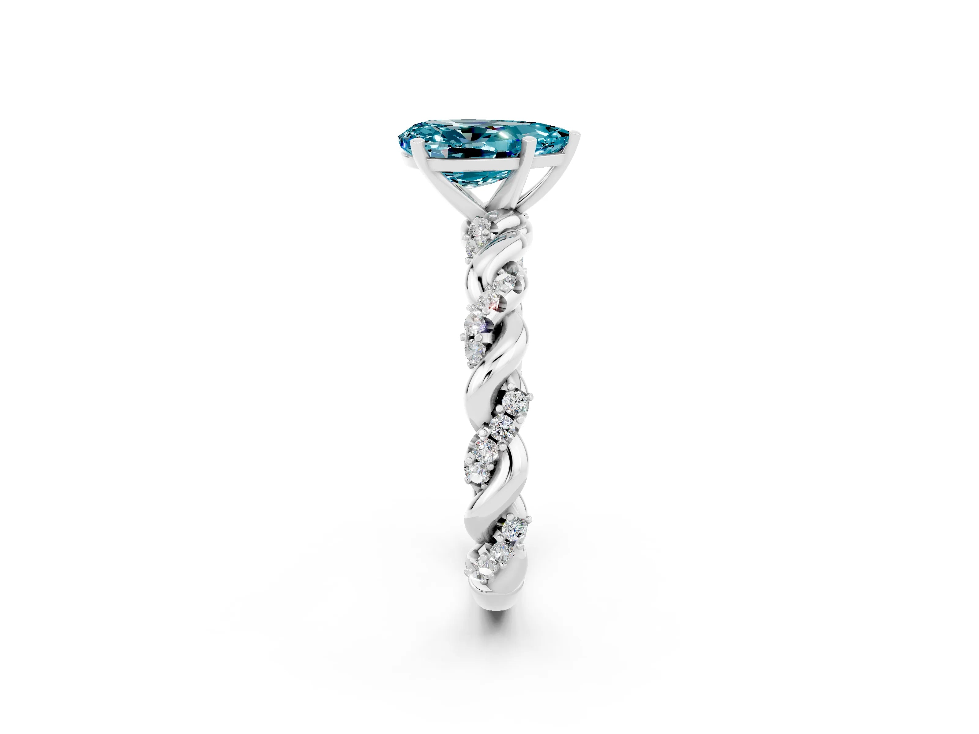 White gold Pear Cut Blue Topaz Solitaire Ring with Twisted Band and Pavé Accents_2