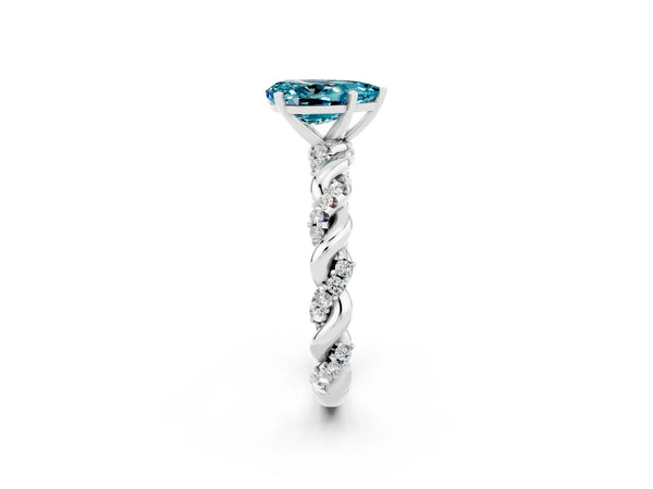 White gold Pear Cut Blue Topaz Solitaire Ring with Twisted Band and Pavé Accents
