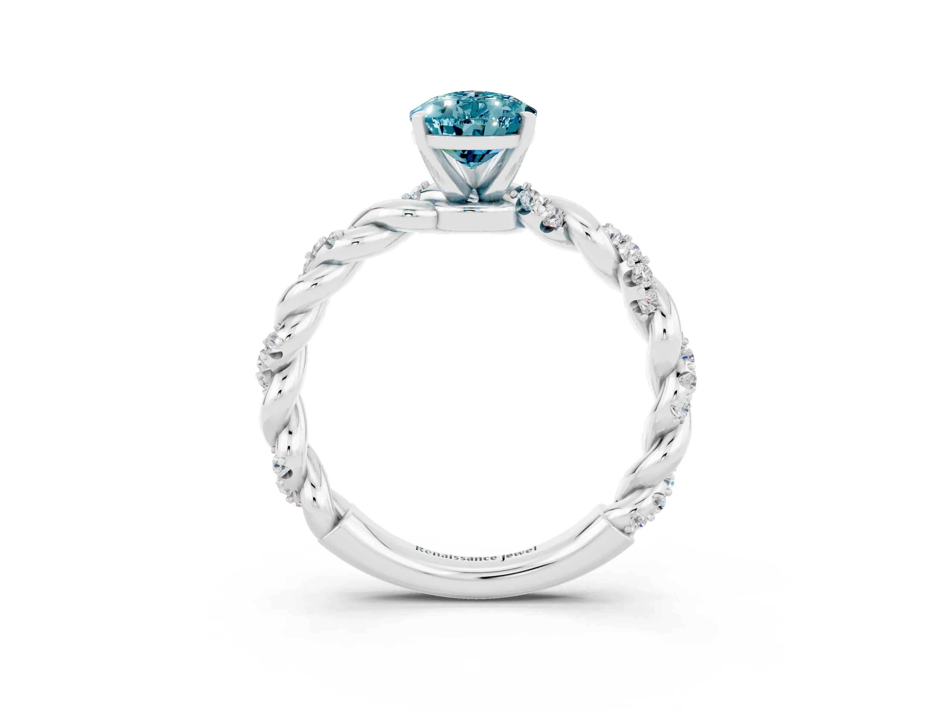 White gold Pear Cut Blue Topaz Solitaire Ring with Twisted Band and Pavé Accents_3