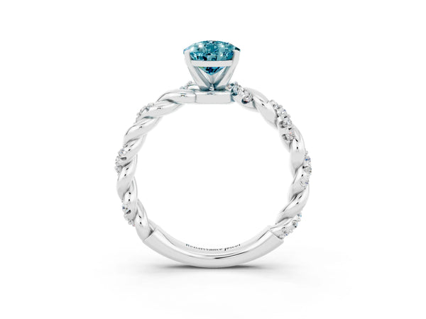 Platinum Pear Cut Blue Topaz Solitaire Ring with Twisted Band and Pavé Accents