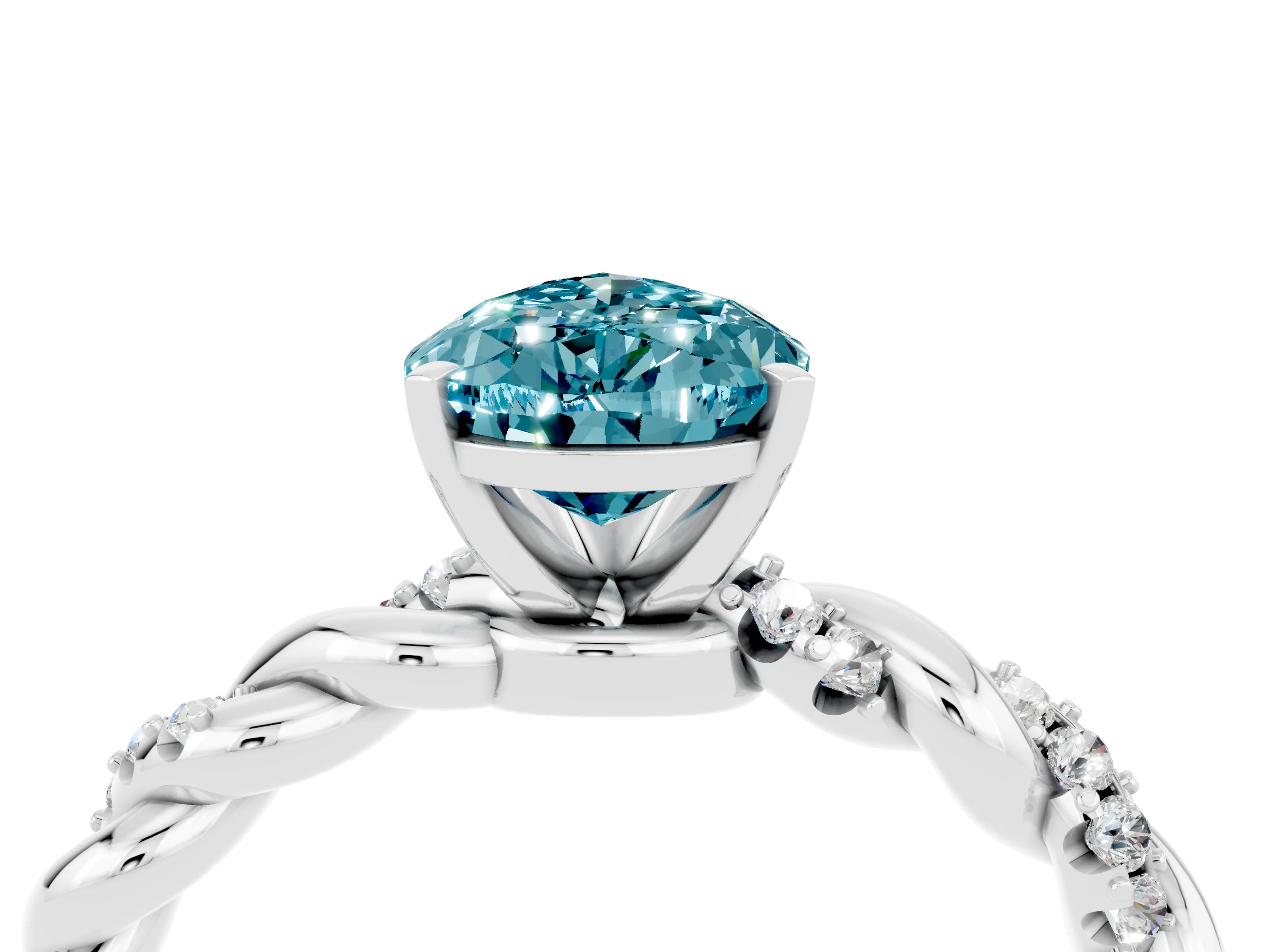 White gold Pear Cut Blue Topaz Solitaire Ring with Twisted Band and Pavé Accents_4