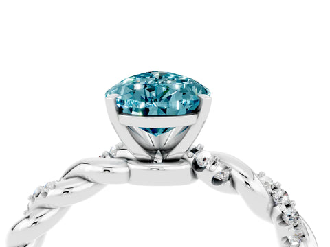White gold Pear Cut Blue Topaz Solitaire Ring with Twisted Band and Pavé Accents_4
