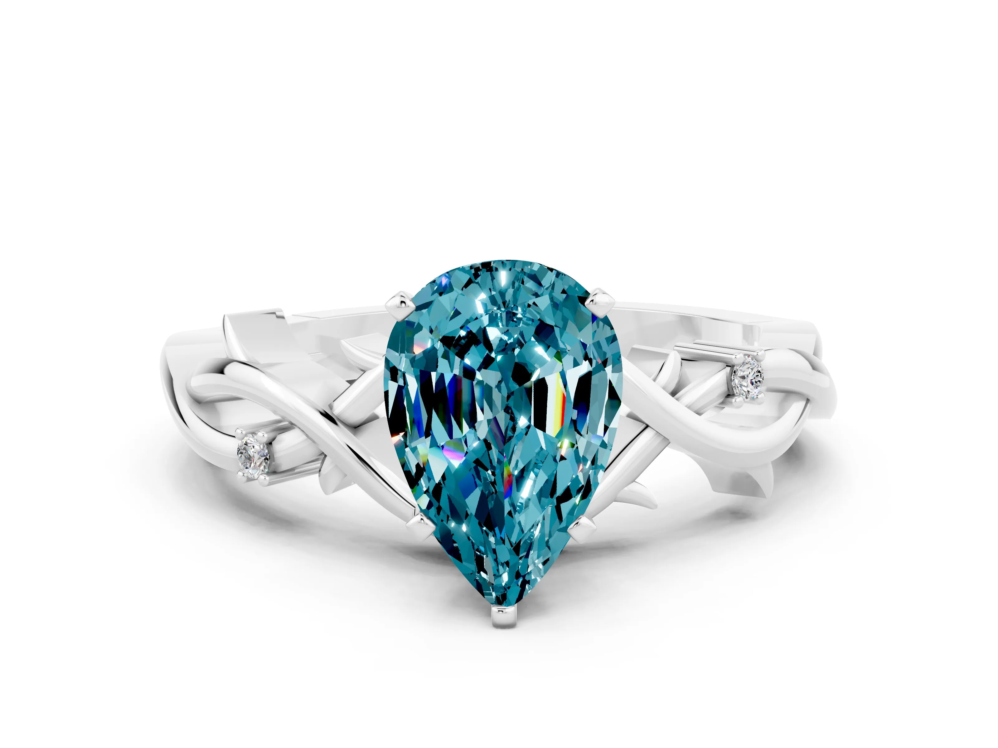 White gold Pear Cut Blue Topaz Solitaire Ring with Twisted Band and Prong Setting_12