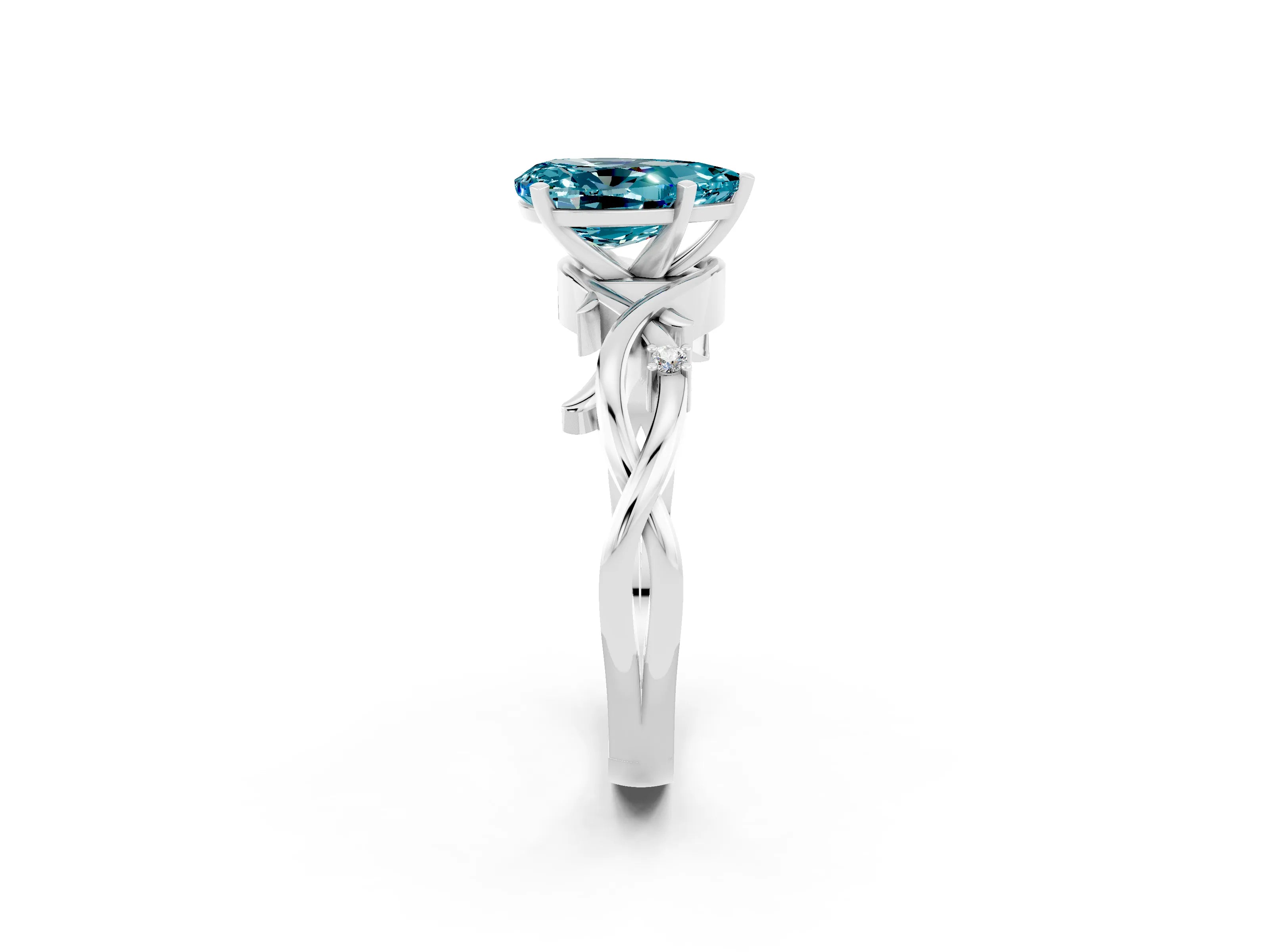 White gold Pear Cut Blue Topaz Solitaire Ring with Twisted Band and Prong Setting_14