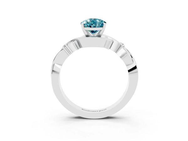 White gold Pear Cut Blue Topaz Solitaire Ring with Twisted Band and Prong Setting