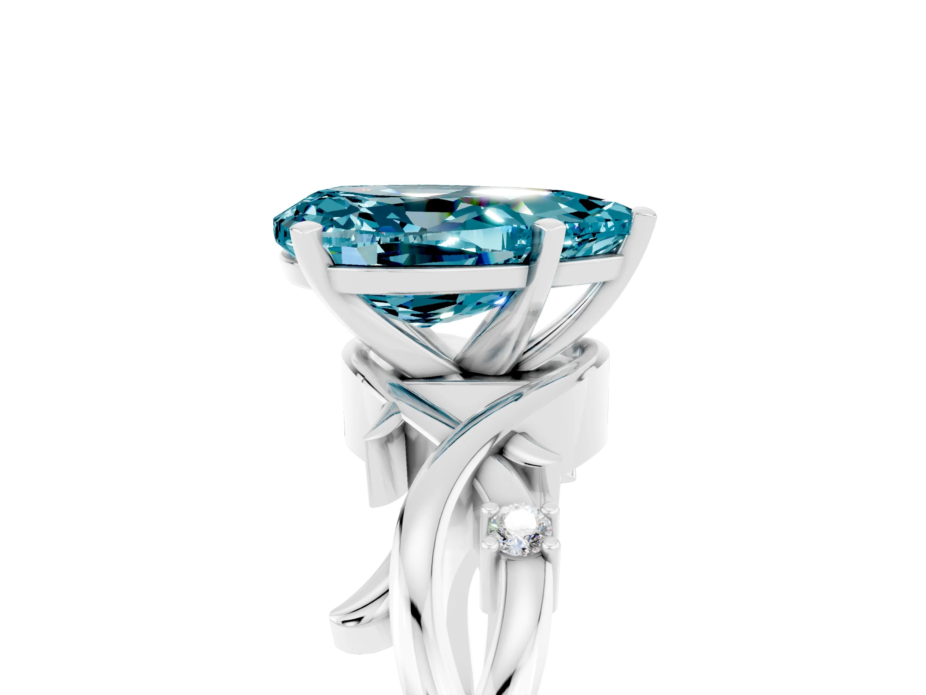 White gold Pear Cut Blue Topaz Solitaire Ring with Twisted Band and Prong Setting_17