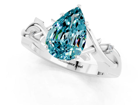 White gold Pear Cut Blue Topaz Solitaire Ring with Twisted Band and Prong Setting_1